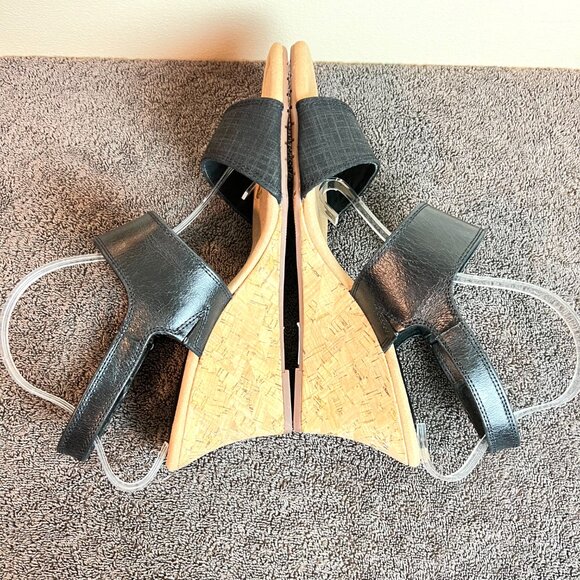 Clarks Womens Kyarra Faye‎ Black Leather Cork Wedges Sandals Shoes 12M New - Picture 9 of 14